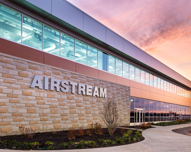 Airstream's metal logo on the building