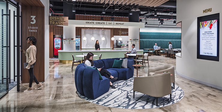 The central corridor of The Gym leads to the café. Studios break off from the corridor as spaces for meetings and breakout rooms.