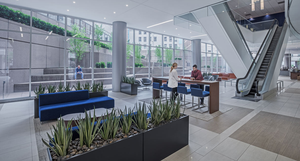 People meeting in the Columbia Plaza lobby