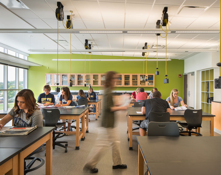 Students working in the Stark Science and Nursing building at Kent State University
