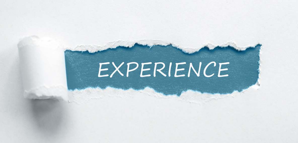 Graphic of the word "experience" being unmasked 