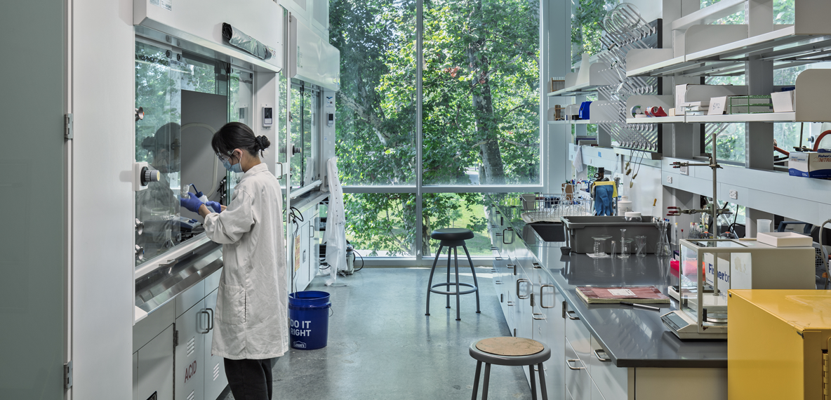 A lab worker in Clippinger Lab at Ohio University 