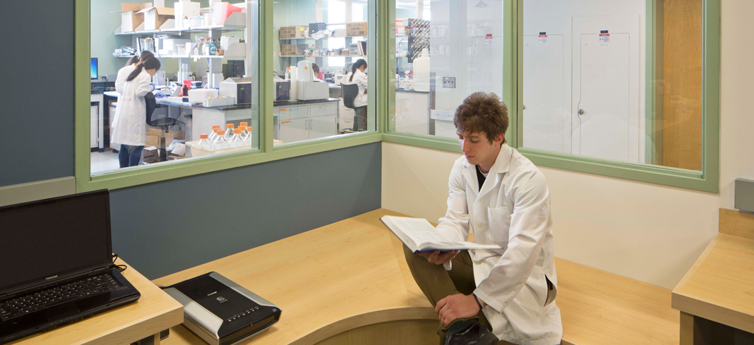 Demarcated workspaces provide privacy and limit distraction to enable focused work at OSU Goss Labs.