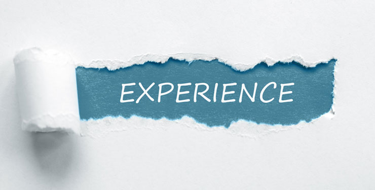 Graphic of the word "experience" being unmasked 