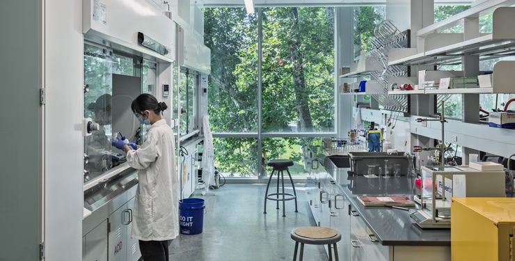 A lab worker in Clippinger Lab at Ohio University 