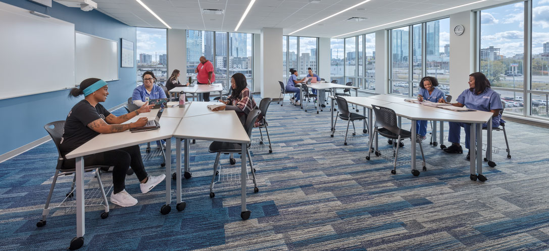 This classroom at Galen College of Nursing in Nashville, TN, offers contemporary, mobile furniture and a great city view. 