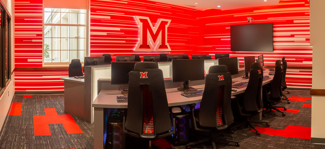 Miami University’s esports suite features a competition room adjacent to the casting room for streaming gameplay.