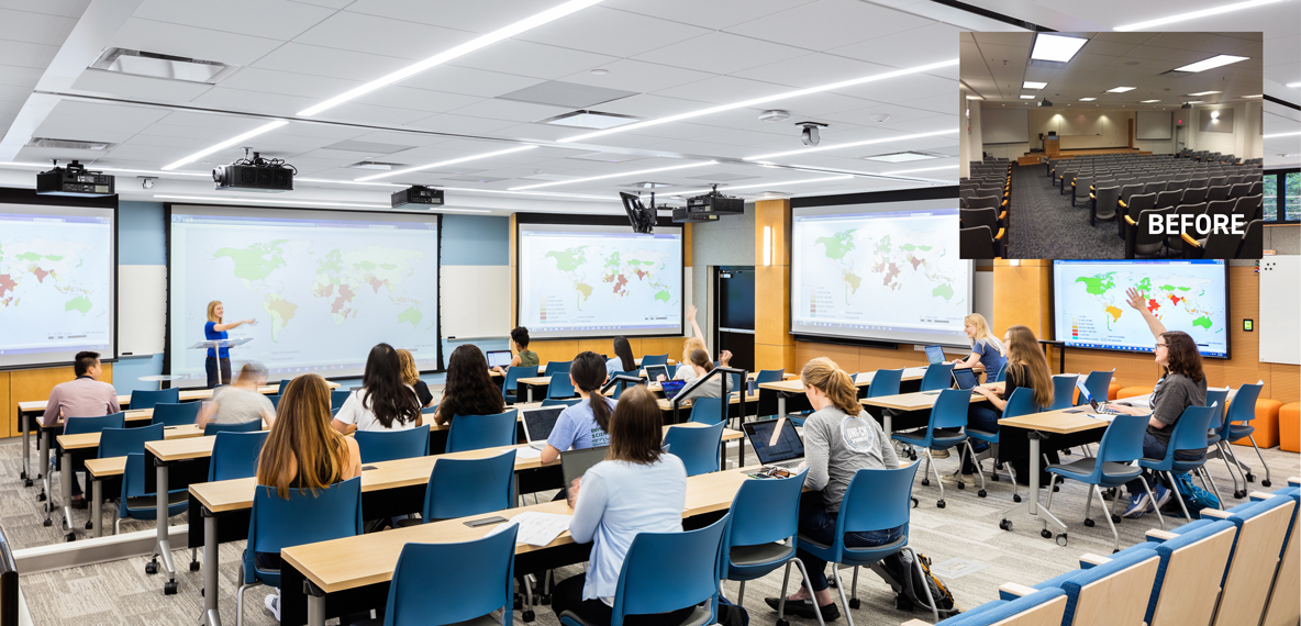 Before and after photos of UNC Rosenhau Auditorium