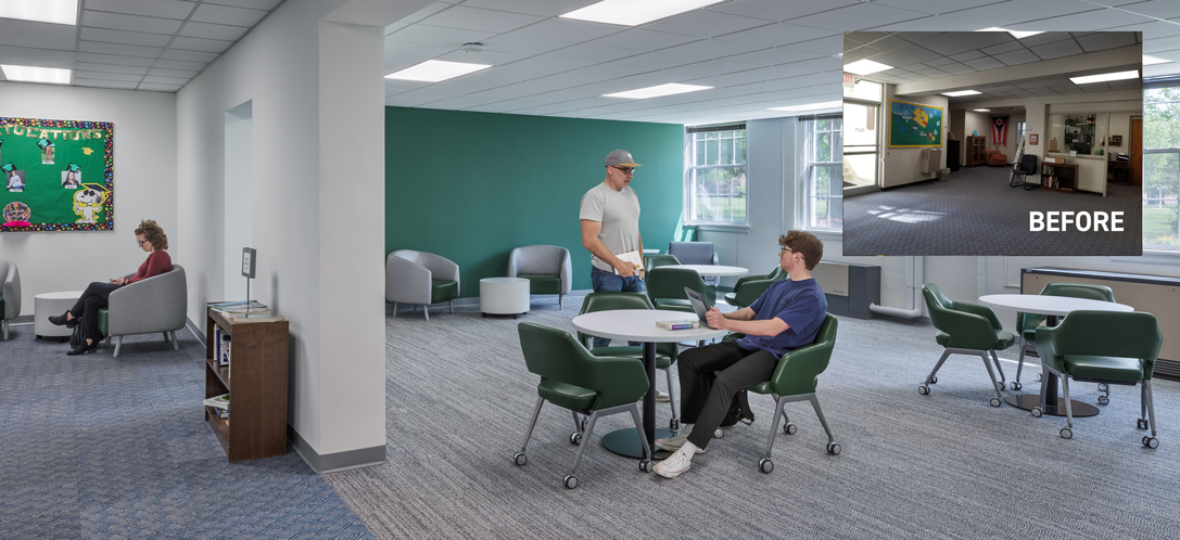 This before and after for the Wilmington College Library Renovation showcases the transformation of central space into student study and collaboration areas.