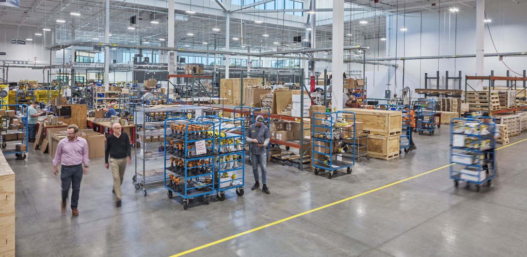 In the manufacturing room at VEGA, skylights provide access to natural daylight.