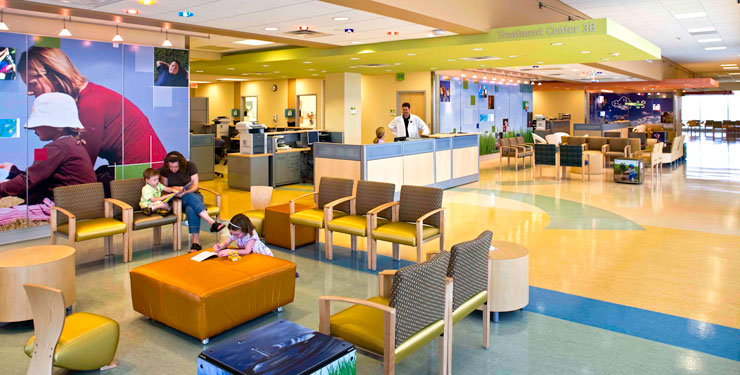 Photo of patients waiting in the Children's Hospital Liberty Campus lobby.