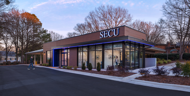 The exterior façade of a new branch for State Employees’ Credit Union