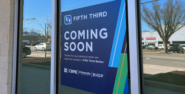 "Coming soon" is written on a window decal at Fifth Third's new Avondale branch