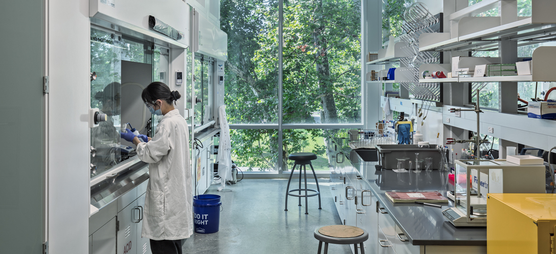 A large window illuminates a lab with a person working inside. 