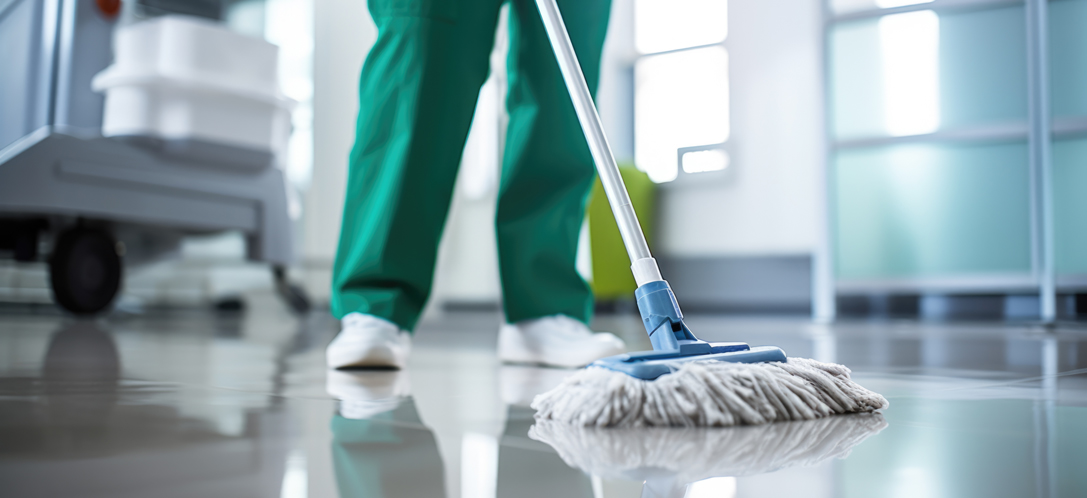 Someone mops a floor in a hospital