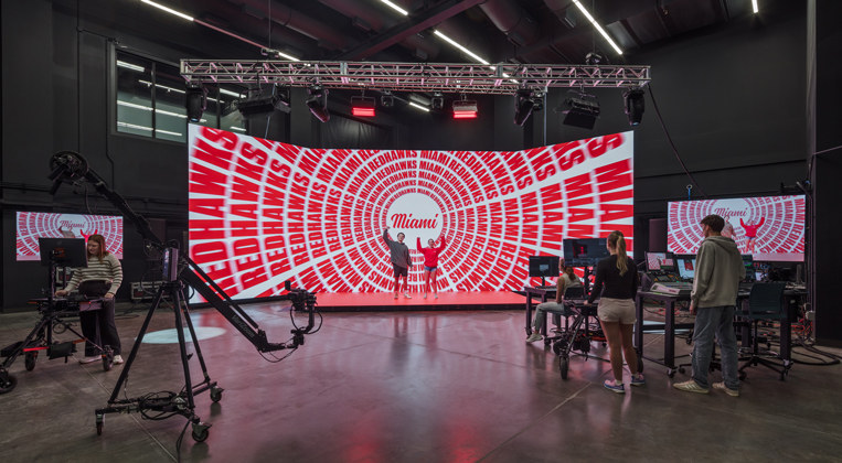 Students stand on the new XR stage