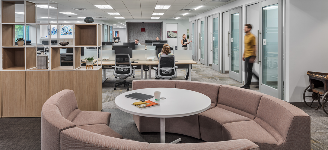 The open office environment features both collaborative spaces and individual desks