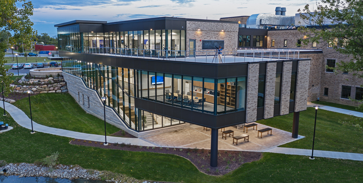 The Achatz building features an overhang that looks out onto the lake