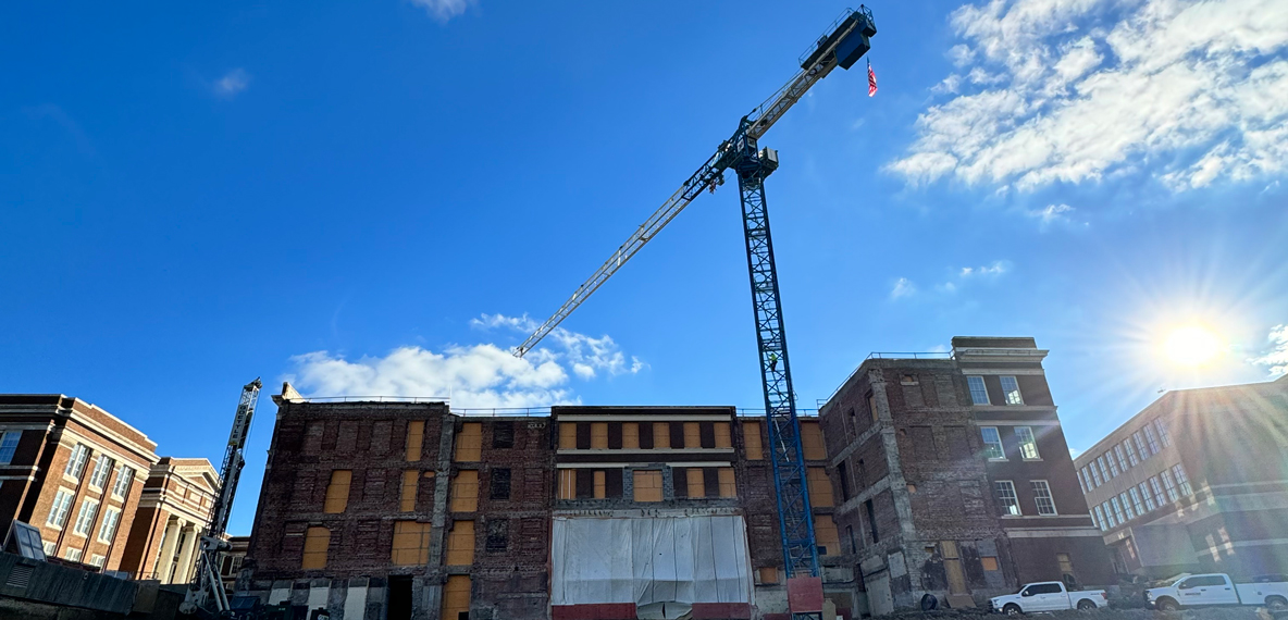 A construction crane at the site of UC Old Chem